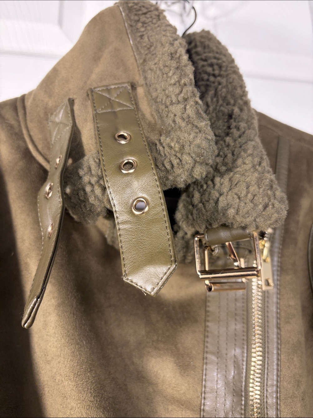 Haute Monde Olive Green Shearling-Lined Aviator Jacket - Picture 3 of 7